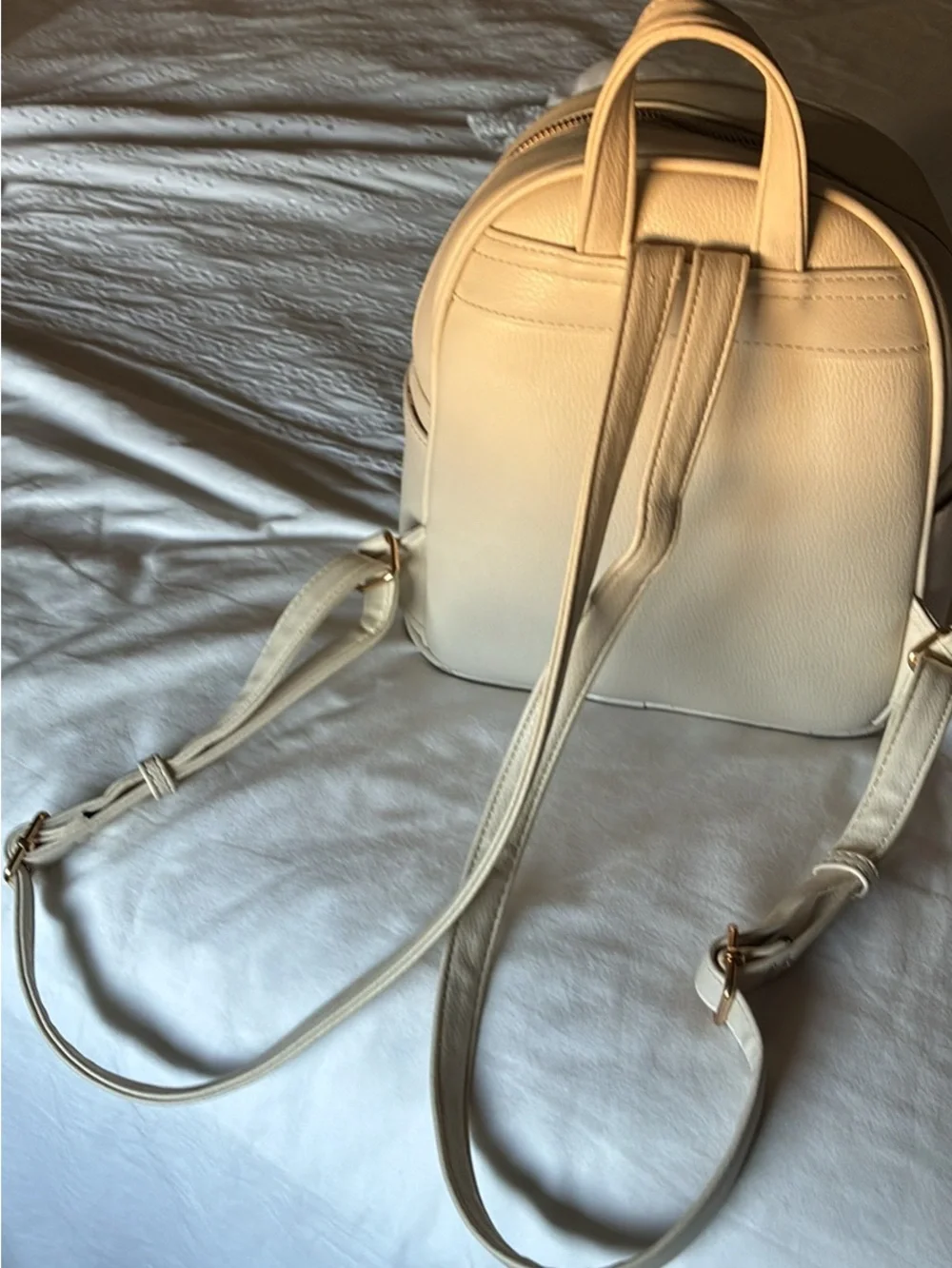 Mini Cream Faux Leather Backpack with Gold-Tone Zipper
